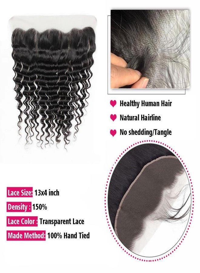 CHEEON 13x4 Transparent HD Lace Frontal 14 Inch Brazilian Deep Wave Lace Frontal Closure Human Hair 100% Unprocessed Virgin Human Hair Frontals Pre Plucked with Baby Hair 150% Density Natural Black - Image 2